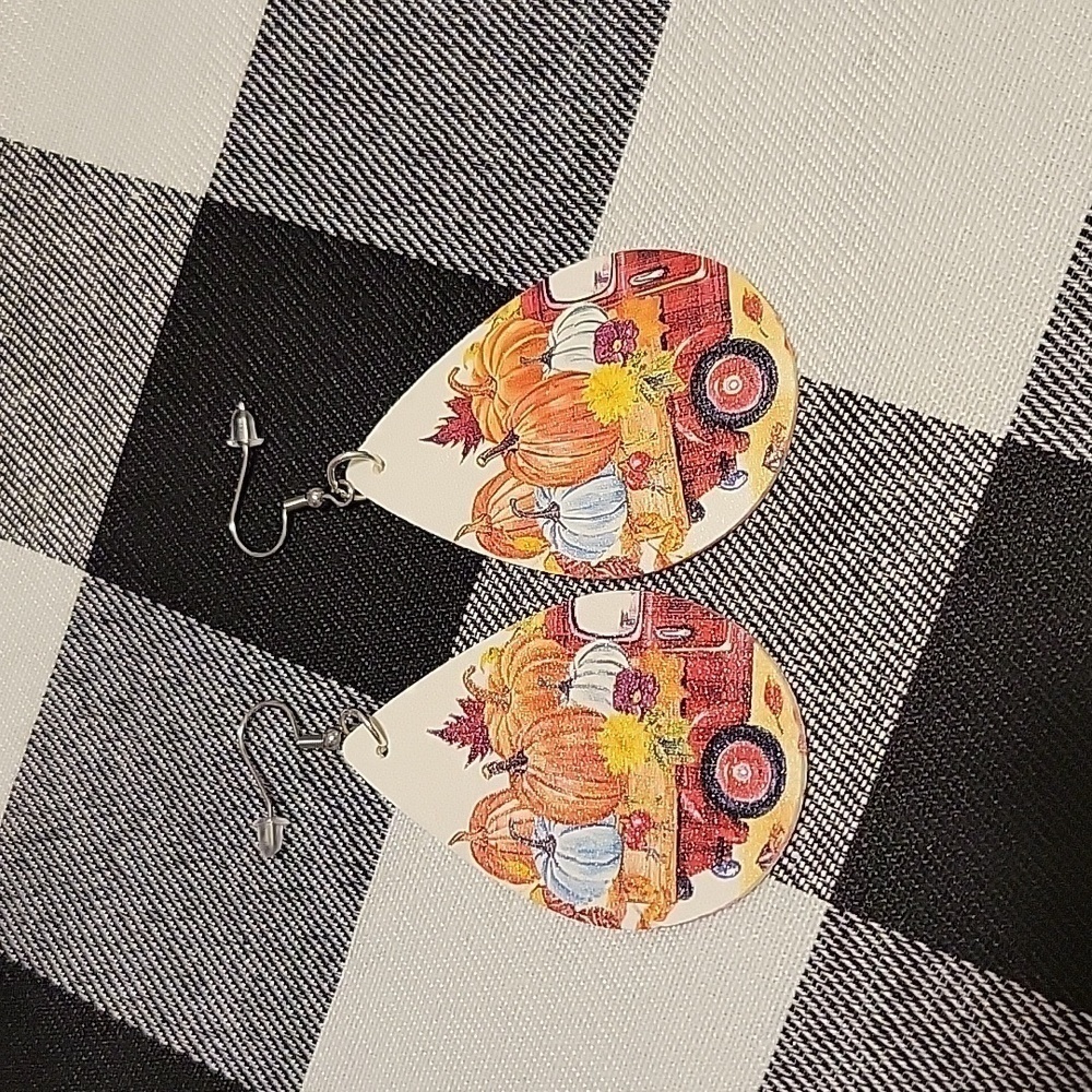 Handmade 3" fall double sided faux leather earrings, red truck, pumpkins, flower
